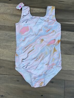 Girls Pink Blue & Gold Swirl One‑Piece Swimsuit Size M (7/8) NWT